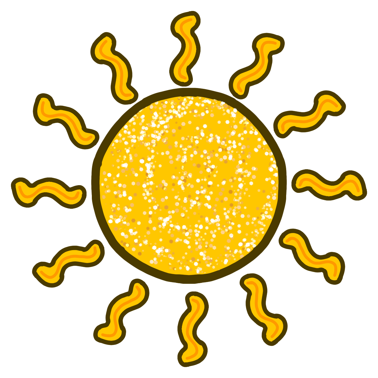 a cartoonish sun with glitter-like texture in the middle. it is orange-yellow with a brown outline and sun rays shining out around it.